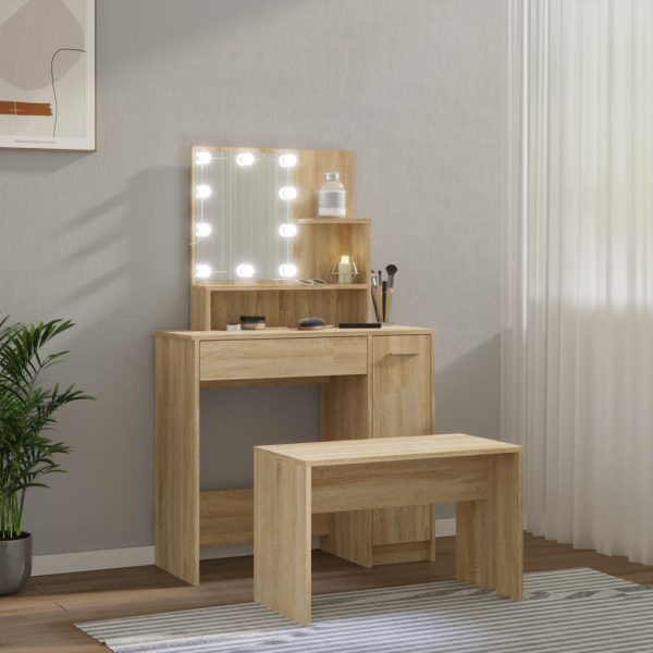 Set Tavolo Da Toeletta Con Led Rovere Sonoma Legno Multistrato - Image 4