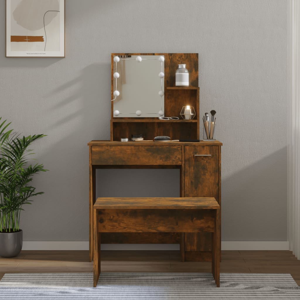 Set Tavolo Da Toeletta Con Led Rovere Fumo In Legno Multistrato