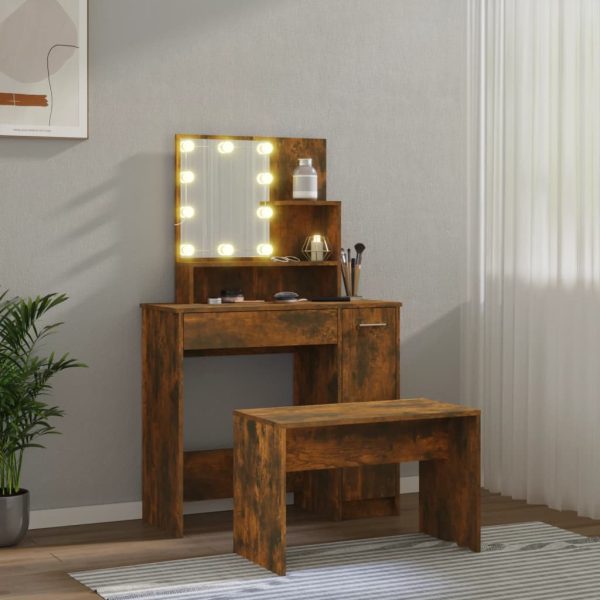 Set Tavolo Da Toeletta Con Led Rovere Fumo In Legno Multistrato - Image 3