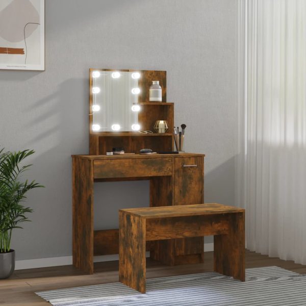 Set Tavolo Da Toeletta Con Led Rovere Fumo In Legno Multistrato - Image 4