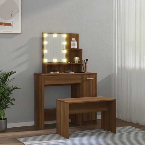 Set Tavolo Da Toeletta Con Led Rovere Marrone Legno Multistrato - Image 3