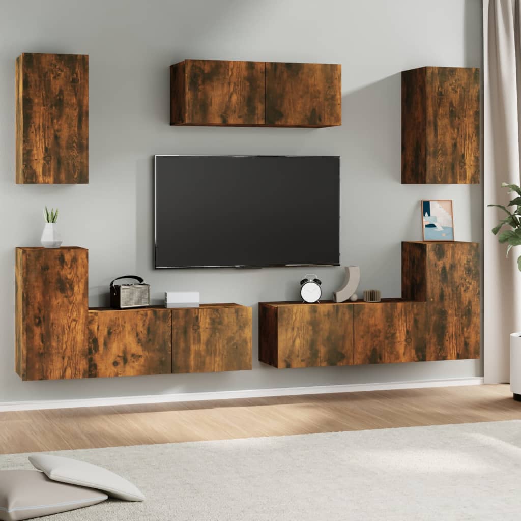 Set Di Mobili Porta Tv 7 Pz Rovere Fumo In Legno Multistrato