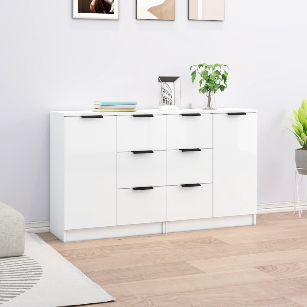Credenze 2 Pz Bianco Lucido 60x30x70 Cm In Legno Multistrato