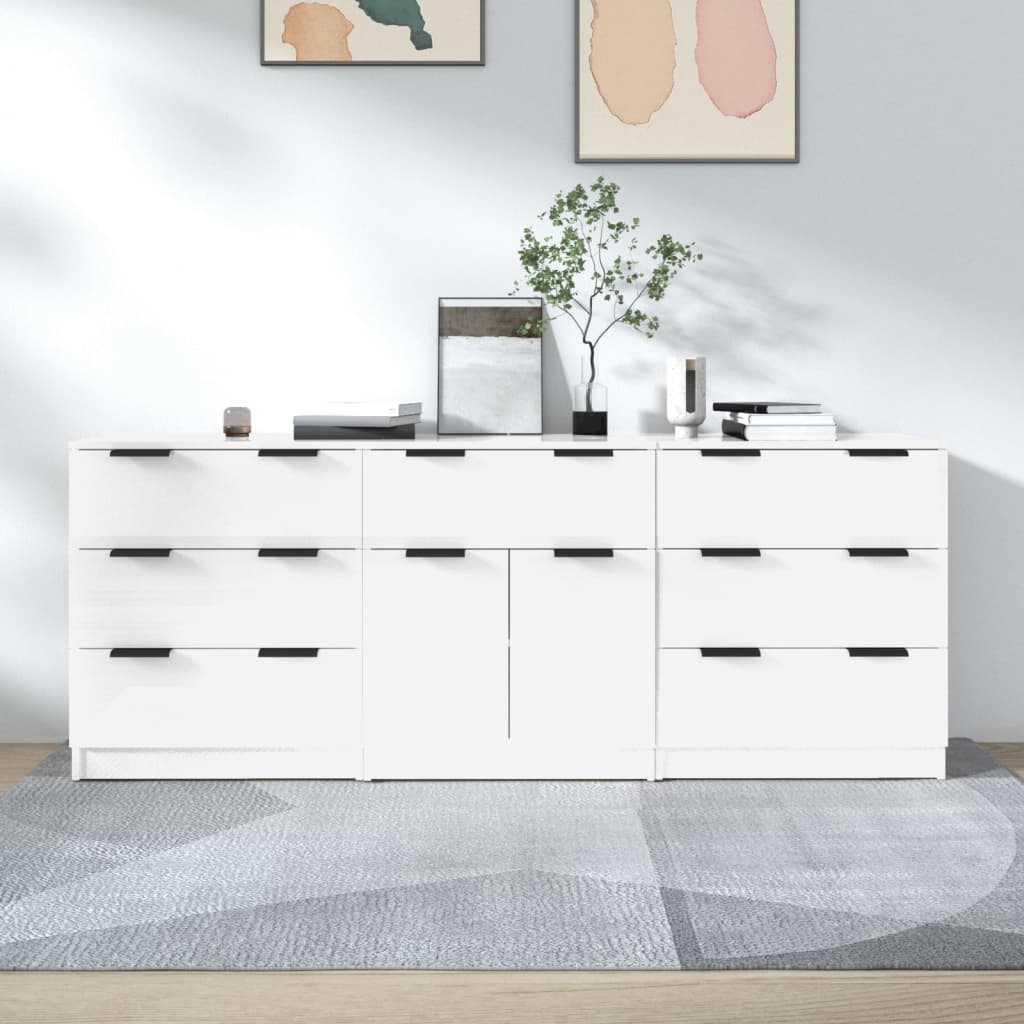 Credenze 3 Pz Bianco Lucido In Legno Multistrato