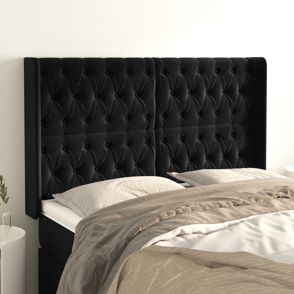 Testiera Ad Orecchio Nera 163x16x118/128 Cm In Velluto