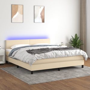 Letto A Molle Con Materasso E Led Crema 160x200 Cm In Tessuto