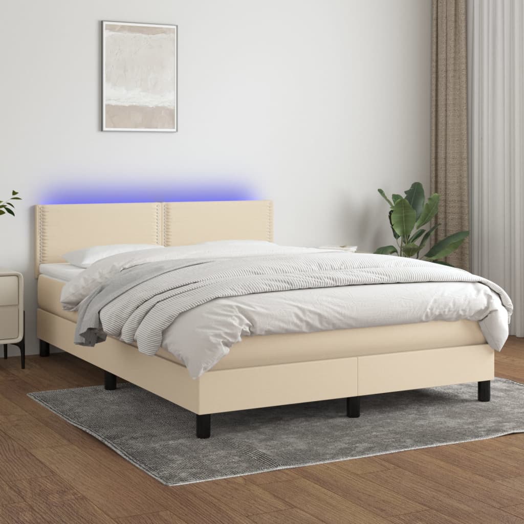 Letto A Molle Con Materasso E Led Crema 140x190 Cm In Tessuto