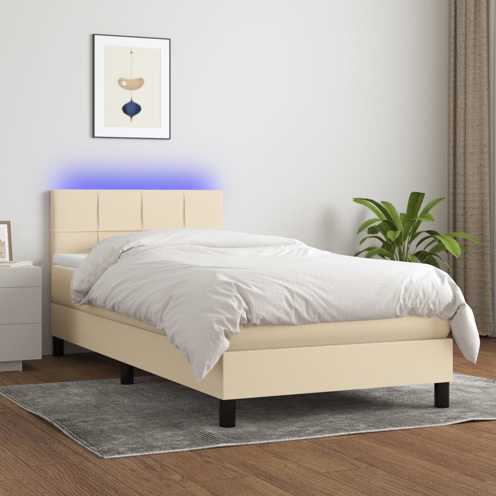 Letto A Molle Con Materasso E Led Crema 90x200 Cm In Tessuto