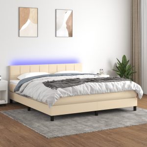 Letto A Molle Con Materasso E Led Crema 180x200 Cm In Tessuto