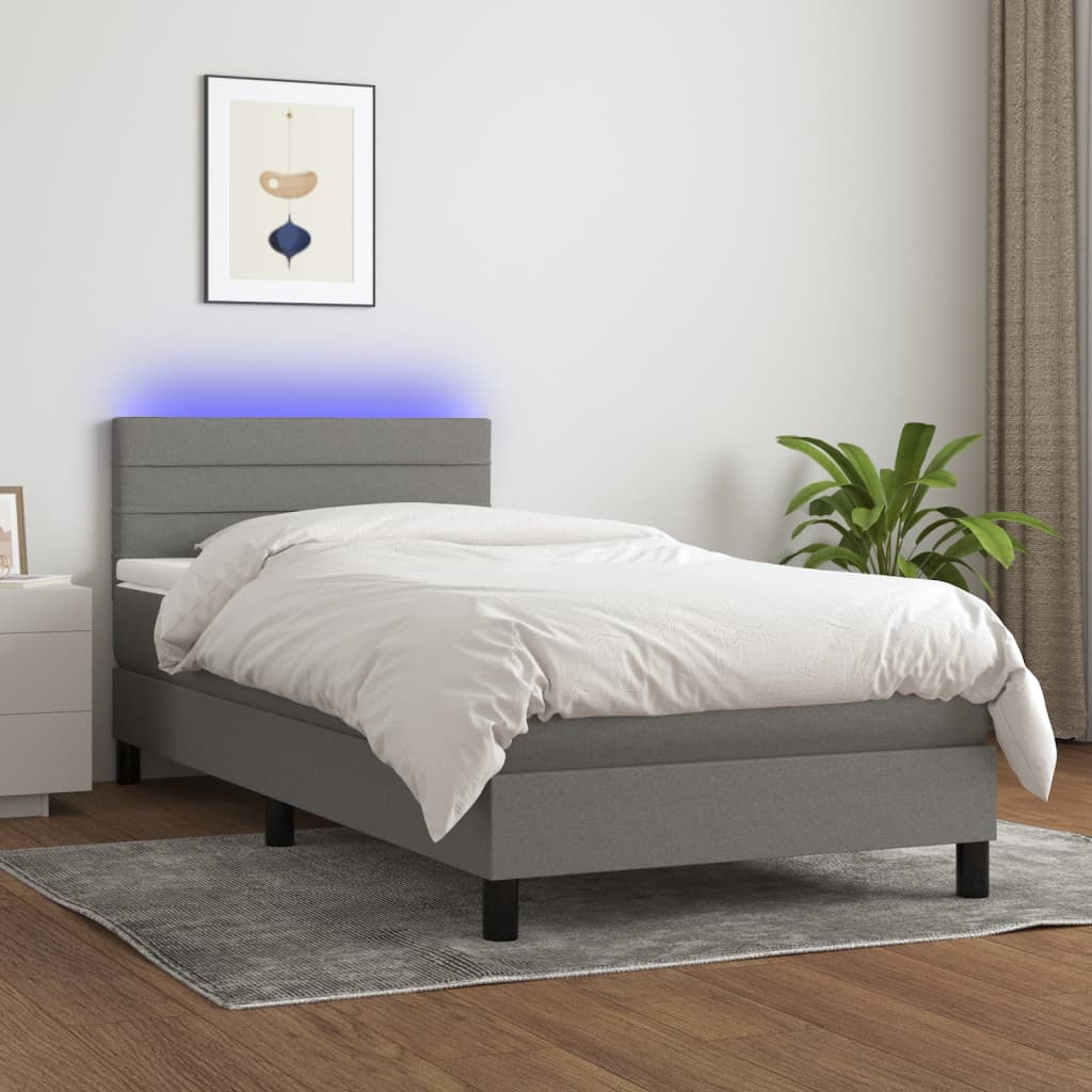 Letto A Molle Materasso E Led Grigio Scuro 90x200 Cm In Tessuto