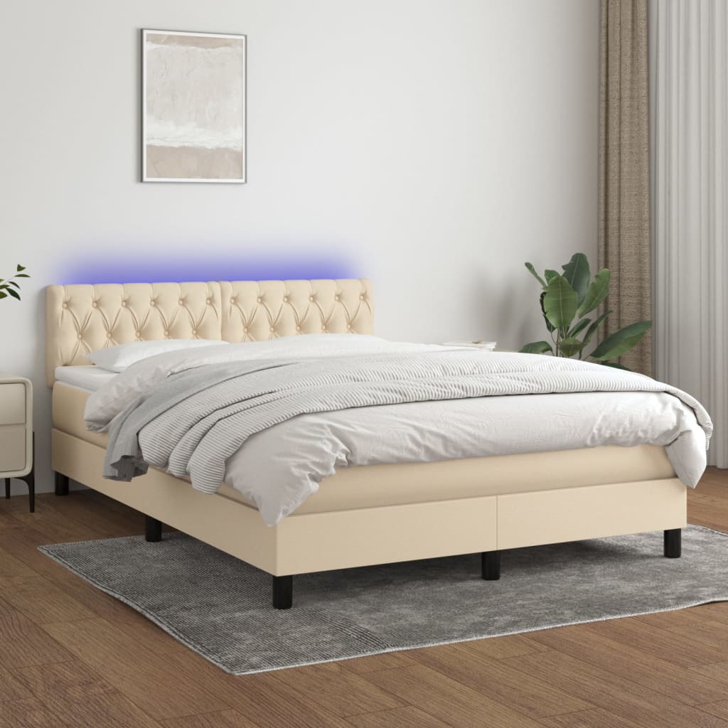 Letto A Molle Con Materasso E Led Crema 140x200 Cm In Tessuto
