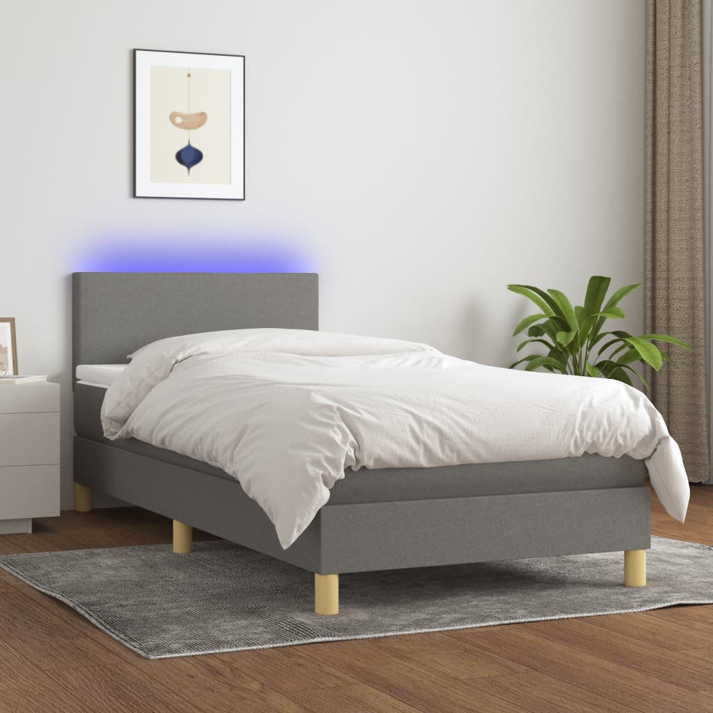 Letto A Molle Materasso E Led Grigio Scuro 90x190 Cm In Tessuto