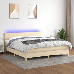 Letto A Molle Con Materasso E Led Crema 160x200 Cm In Tessuto