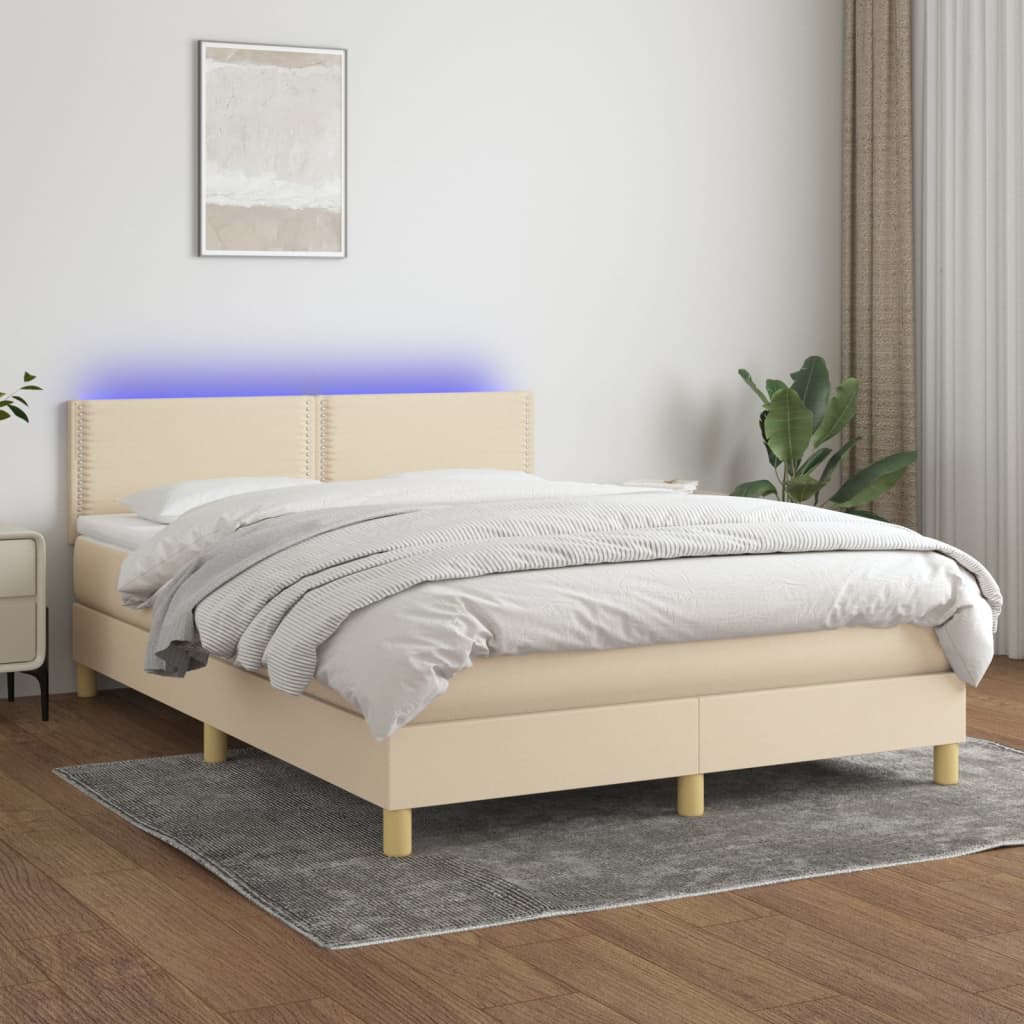 Letto A Molle Con Materasso E Led Crema 140x200 Cm In Tessuto