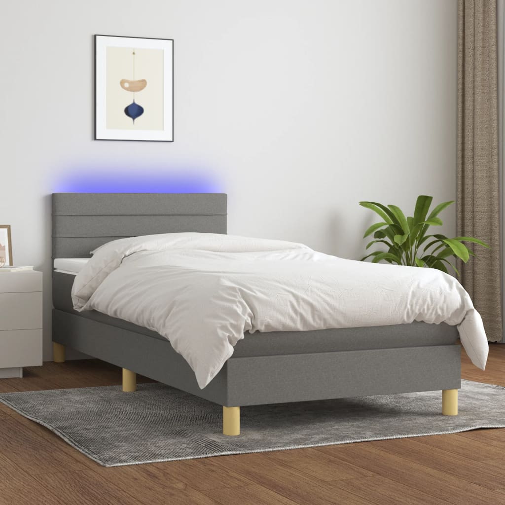 Letto A Molle Materasso E Led Grigio Scuro 90x190 Cm In Tessuto