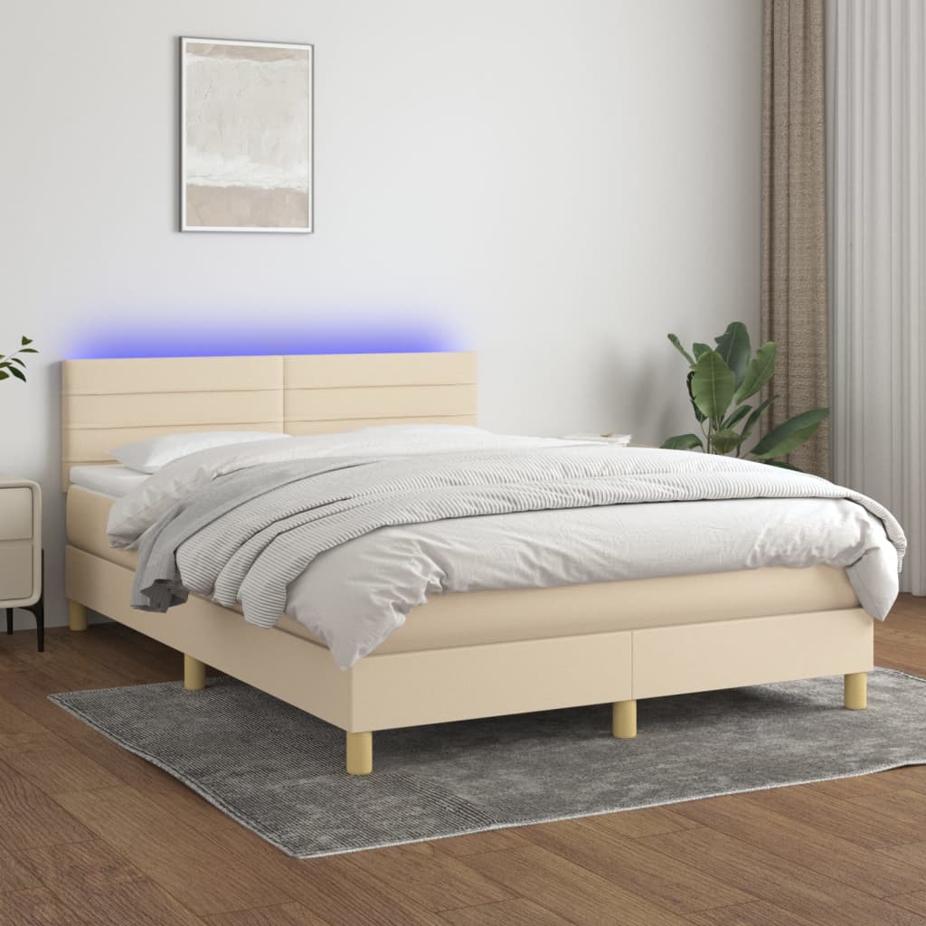 Letto A Molle Con Materasso E Led Crema 140x190 Cm In Tessuto