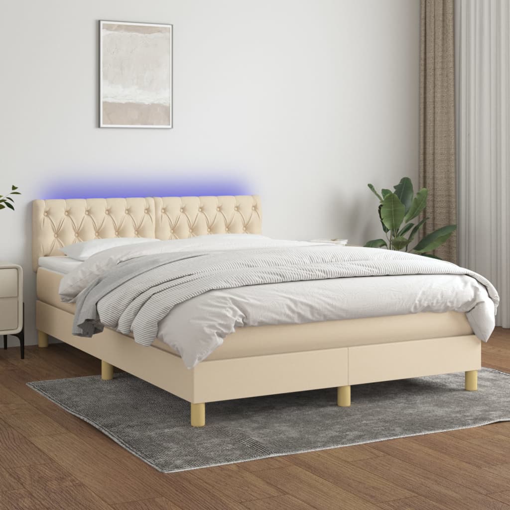 Letto A Molle Con Materasso E Led Crema 140x190 Cm In Tessuto