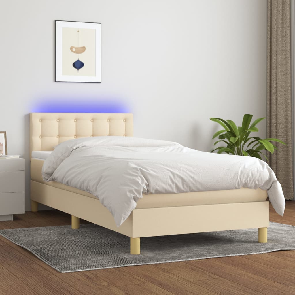Letto A Molle Con Materasso E Led Crema 80x200 Cm In Tessuto