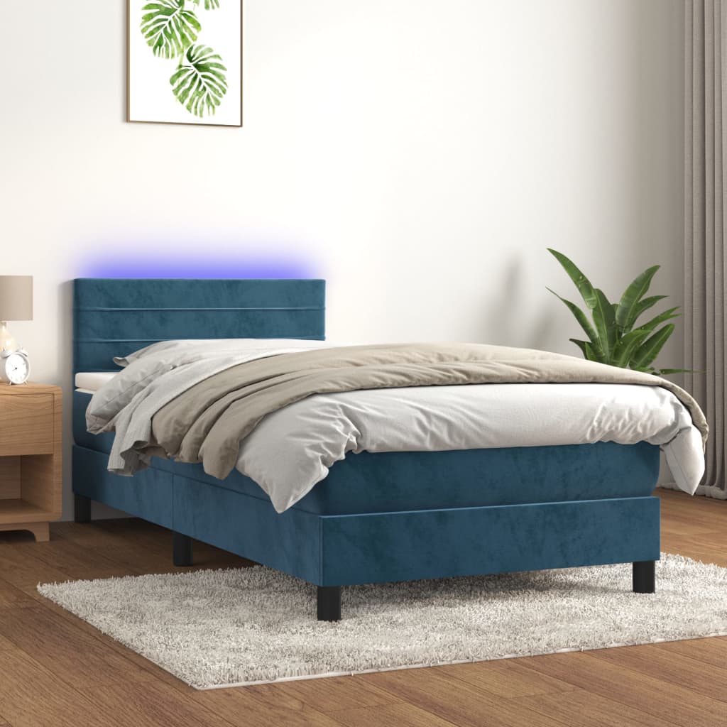 Letto A Molle Con Materasso E Led Blu Scuro 80x200cm In Velluto