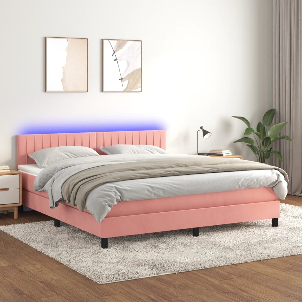 Letto A Molle Con Materasso E Led Rosa 180x200 Cm In Velluto
