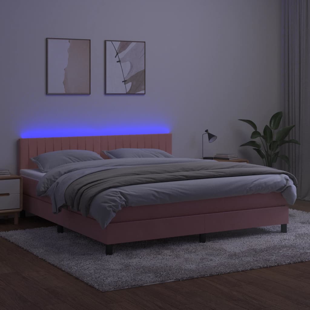 Letto A Molle Con Materasso E Led Rosa 180x200 Cm In Velluto - Image 4