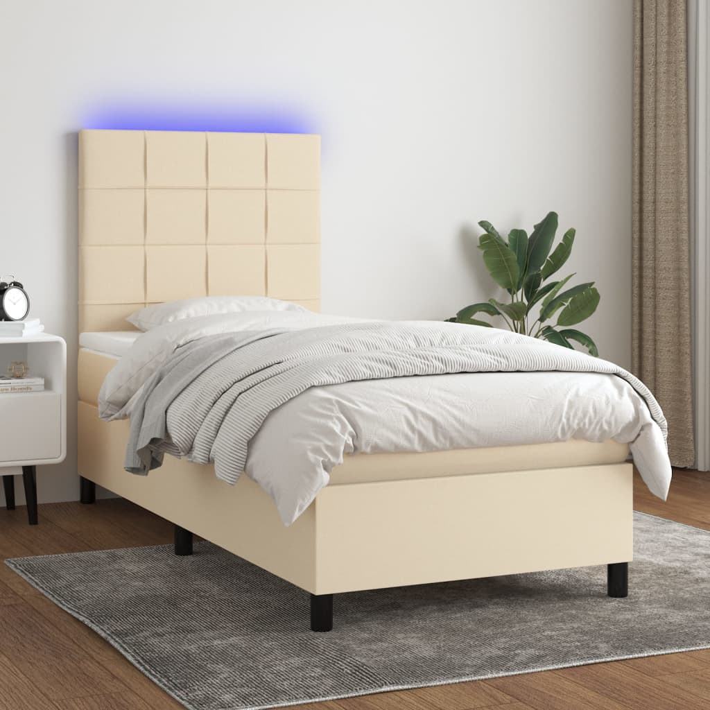 Letto A Molle Con Materasso E Led Crema 90x190 Cm In Tessuto