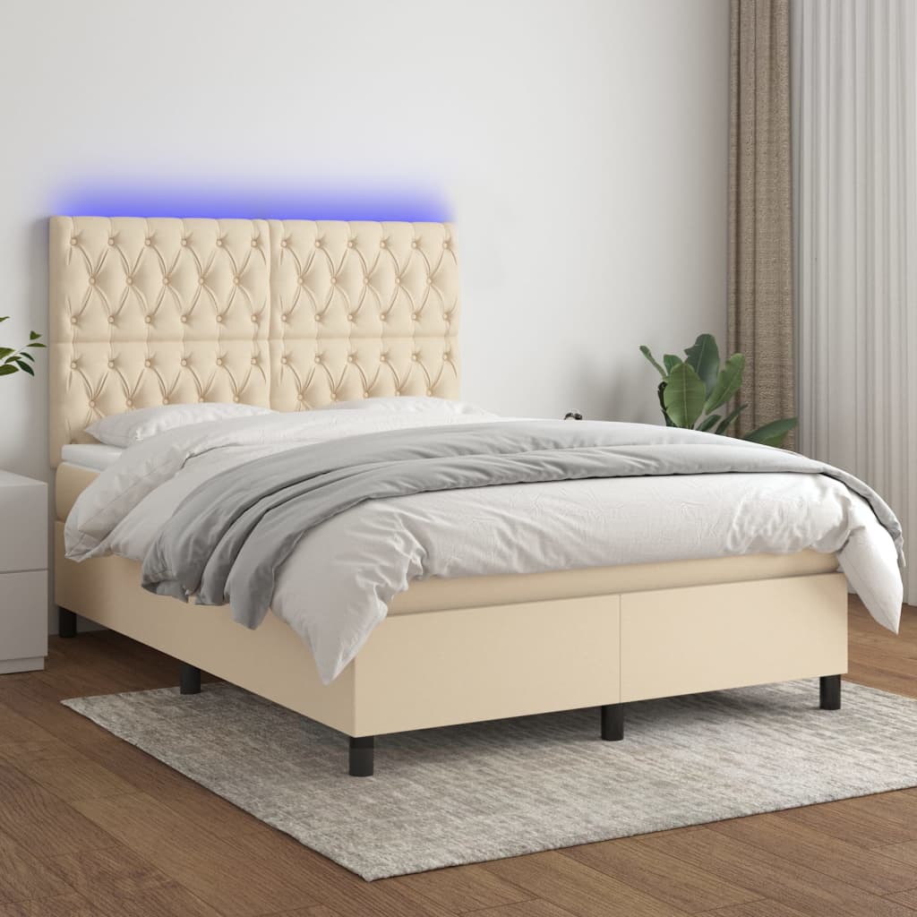 Letto A Molle Con Materasso E Led Crema 140x200 Cm In Tessuto