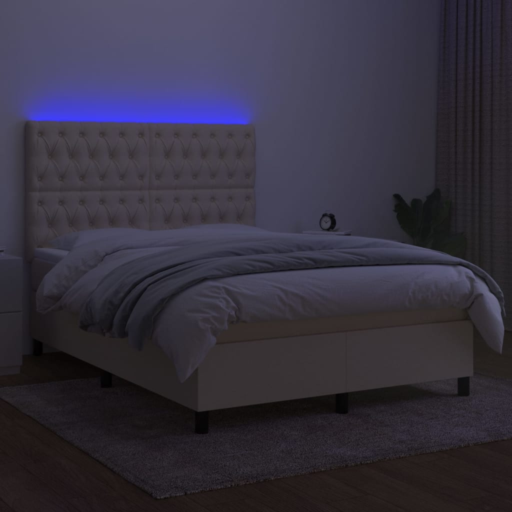 Letto A Molle Con Materasso E Led Crema 140x200 Cm In Tessuto - Image 4