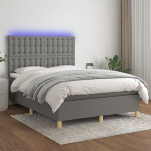 Letto A Molle Materasso E Led Grigio Scuro 140x200cm In Tessuto