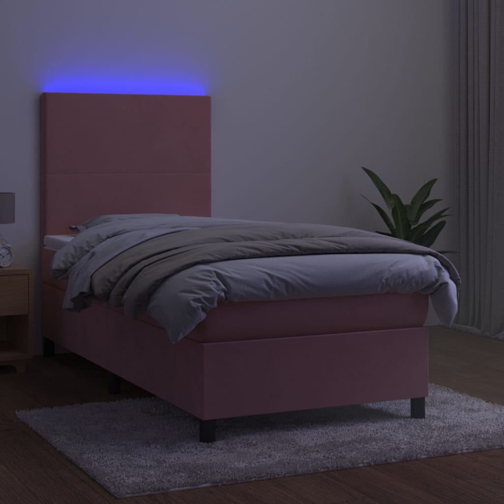 Letto A Molle Con Materasso E Led Rosa 90x190 Cm In Velluto - Image 4