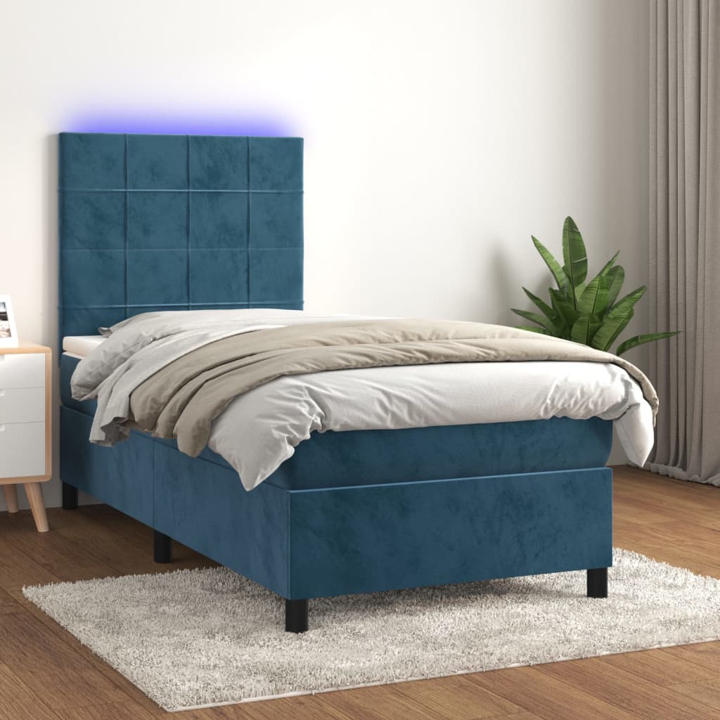 Letto A Molle Con Materasso E Led Blu Scuro 80x200cm In Velluto