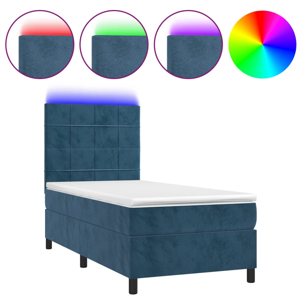 Letto A Molle Con Materasso E Led Blu Scuro 80x200cm In Velluto - Image 2