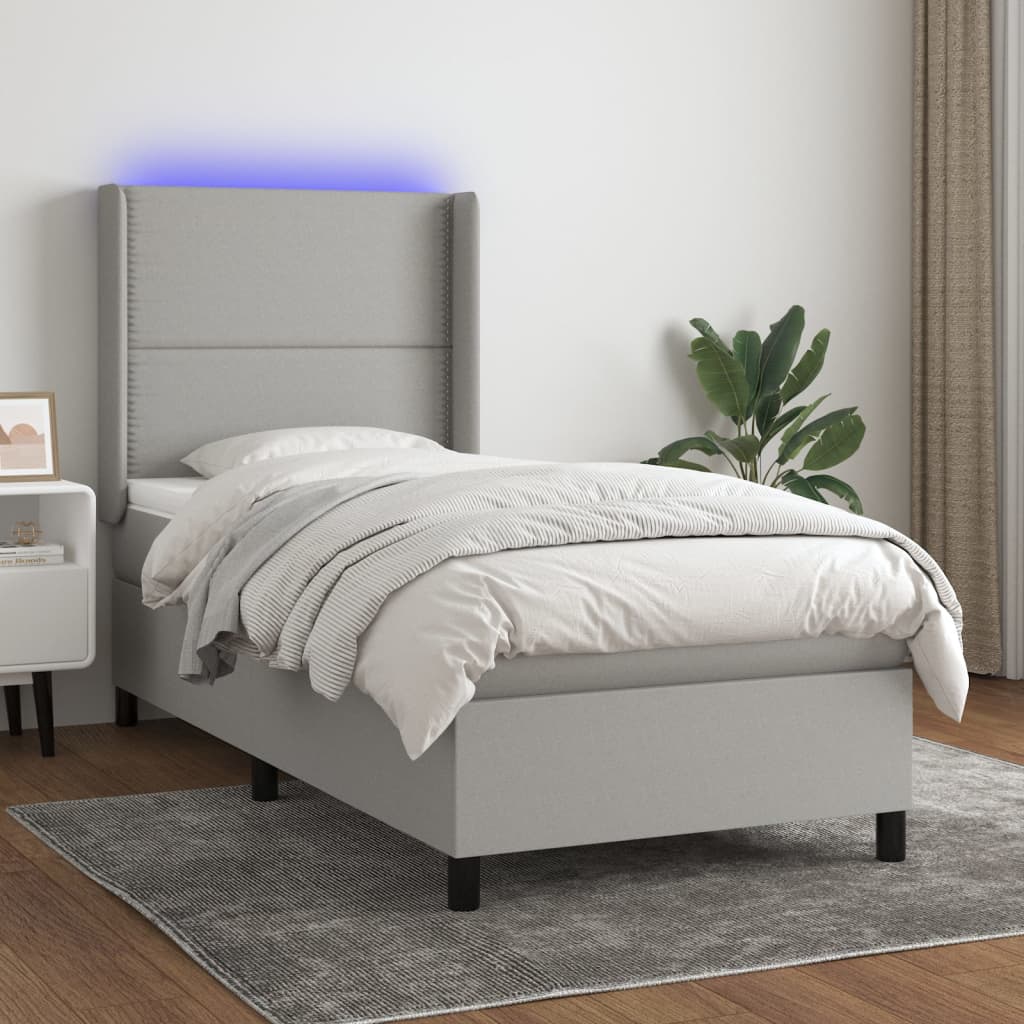 Letto A Molle Materasso E Led Grigio Chiaro 100x200 Cm Tessuto