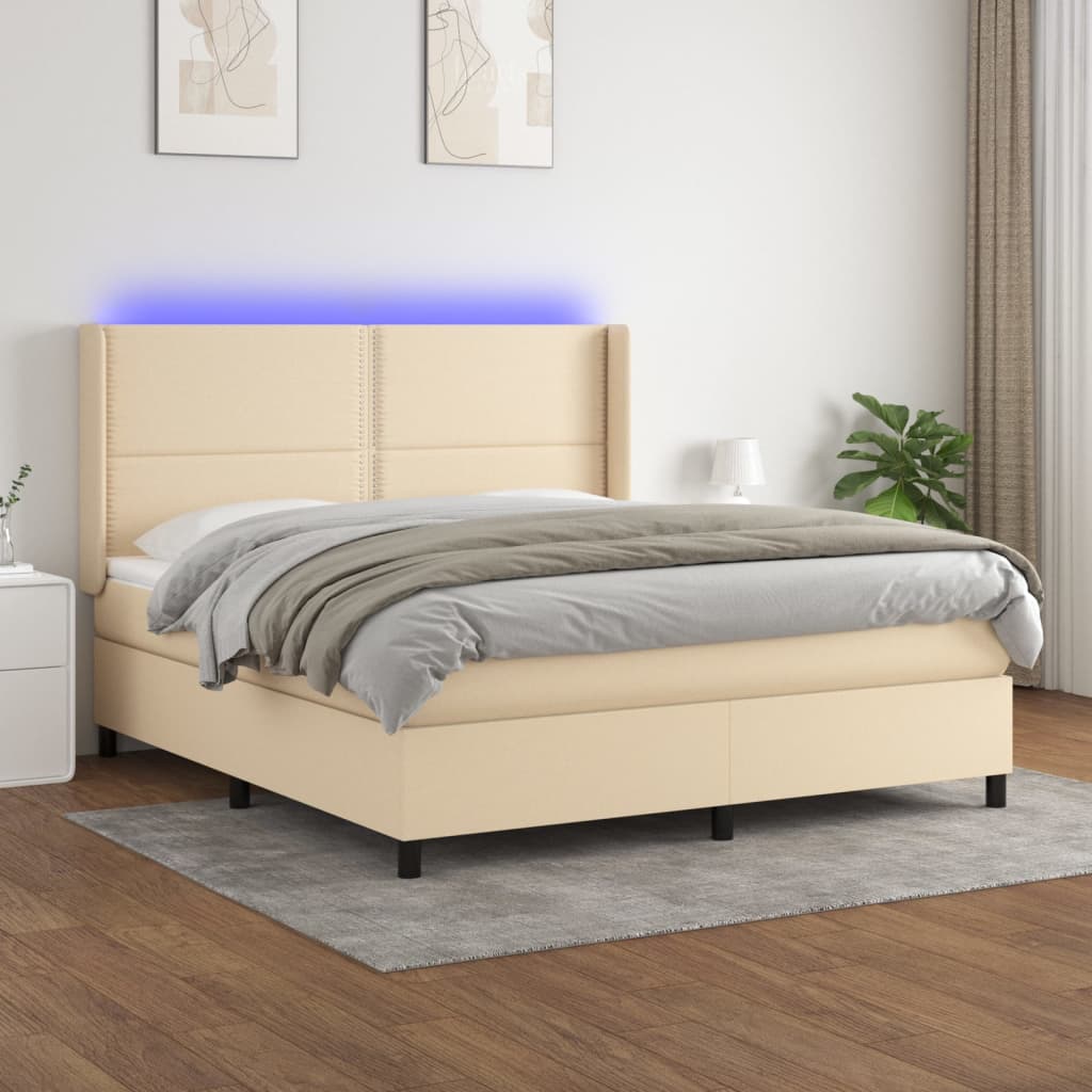 Letto A Molle Con Materasso E Led Crema 180x200 Cm In Tessuto