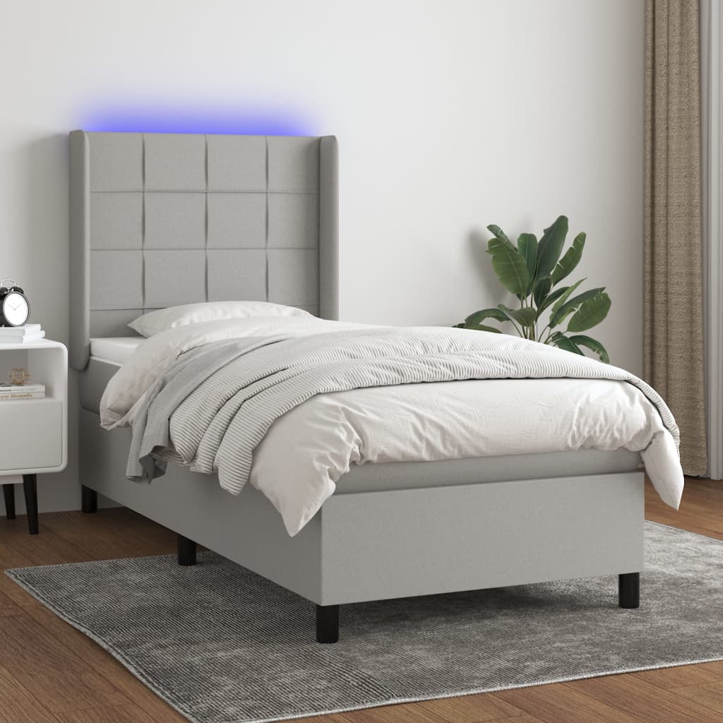 Letto A Molle Materasso E Led Grigio Chiaro 100x200 Cm Tessuto