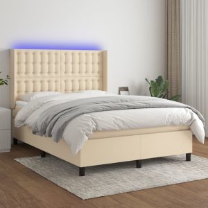 Letto A Molle Con Materasso E Led Crema 140x190 Cm In Tessuto