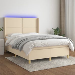 Letto A Molle Con Materasso E Led Crema 140x200 Cm In Tessuto