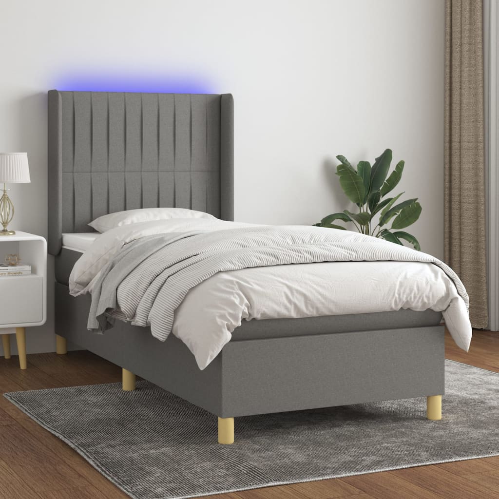 Letto A Molle Materasso E Led Grigio Scuro 90x190 Cm In Tessuto
