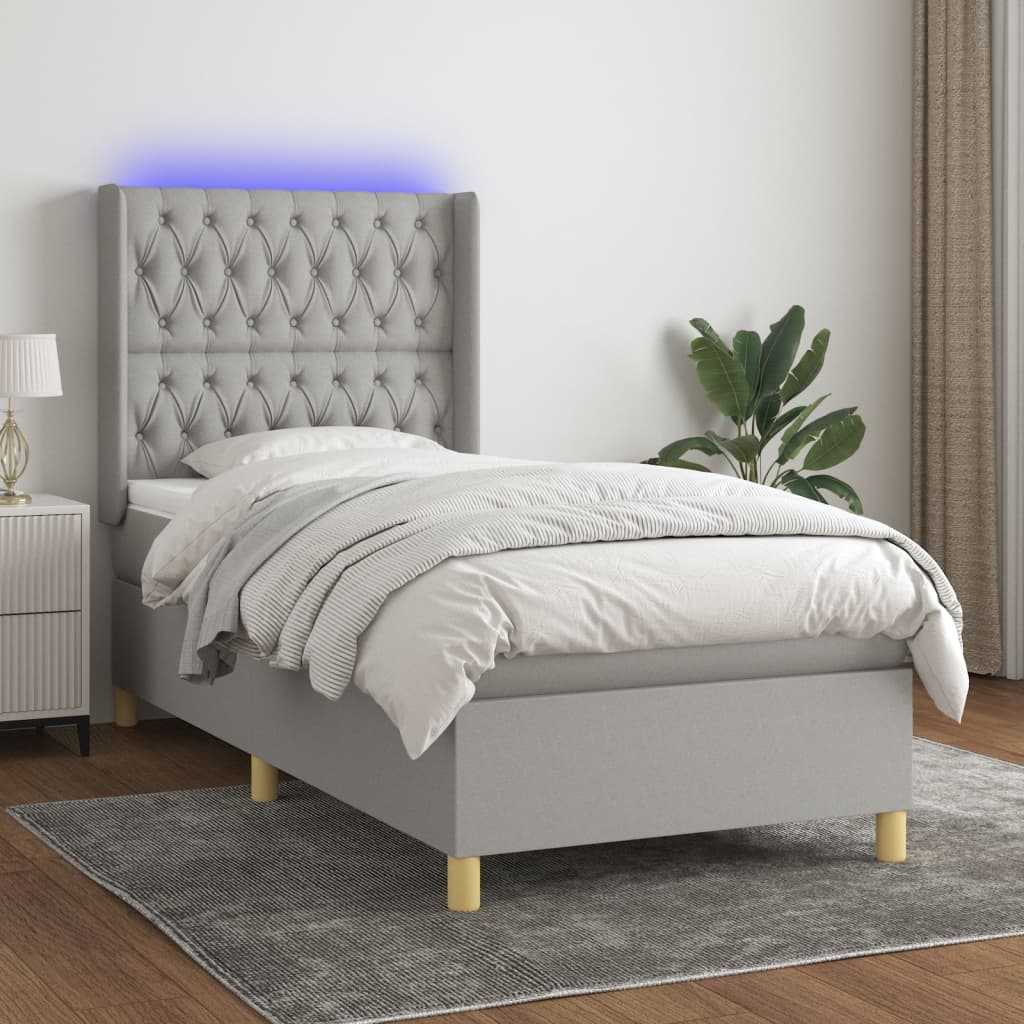 Letto A Molle Materasso E Led Grigio Chiaro 90x200 Cm Tessuto