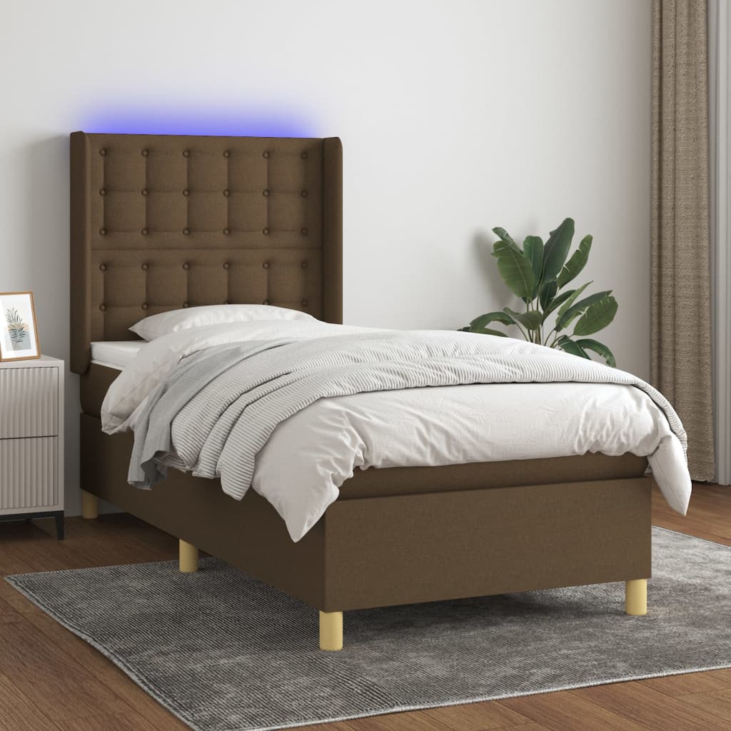 Letto A Molle Materasso E Led Marrone Scuro 100x200 Cm Tessuto