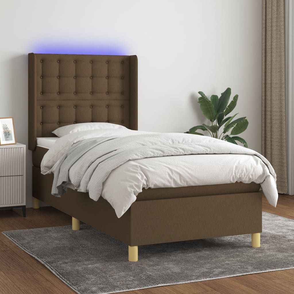 Letto A Molle Materasso E Led Marrone Scuro 100x200 Cm Tessuto - Image 3