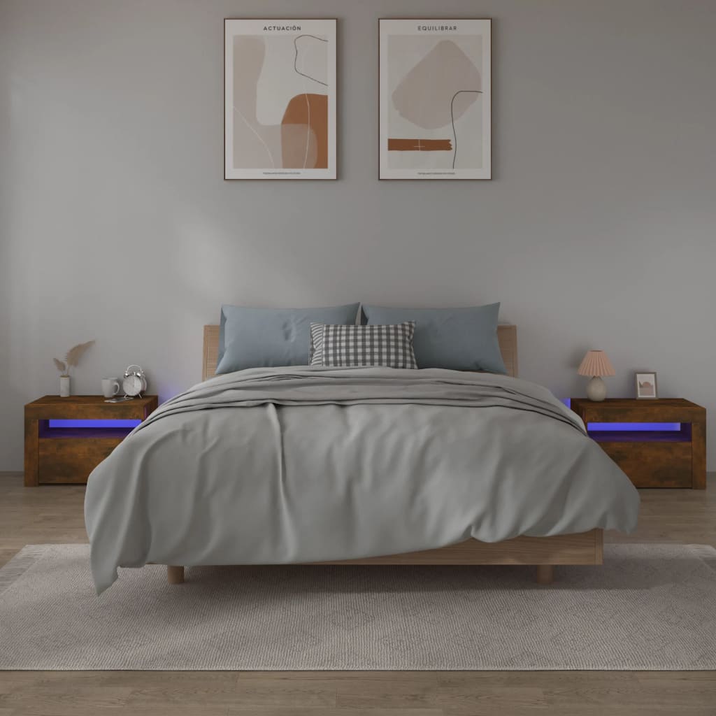 Comodini 2 Pz Con Luci Led Rovere Fumo 60x35x40 cm