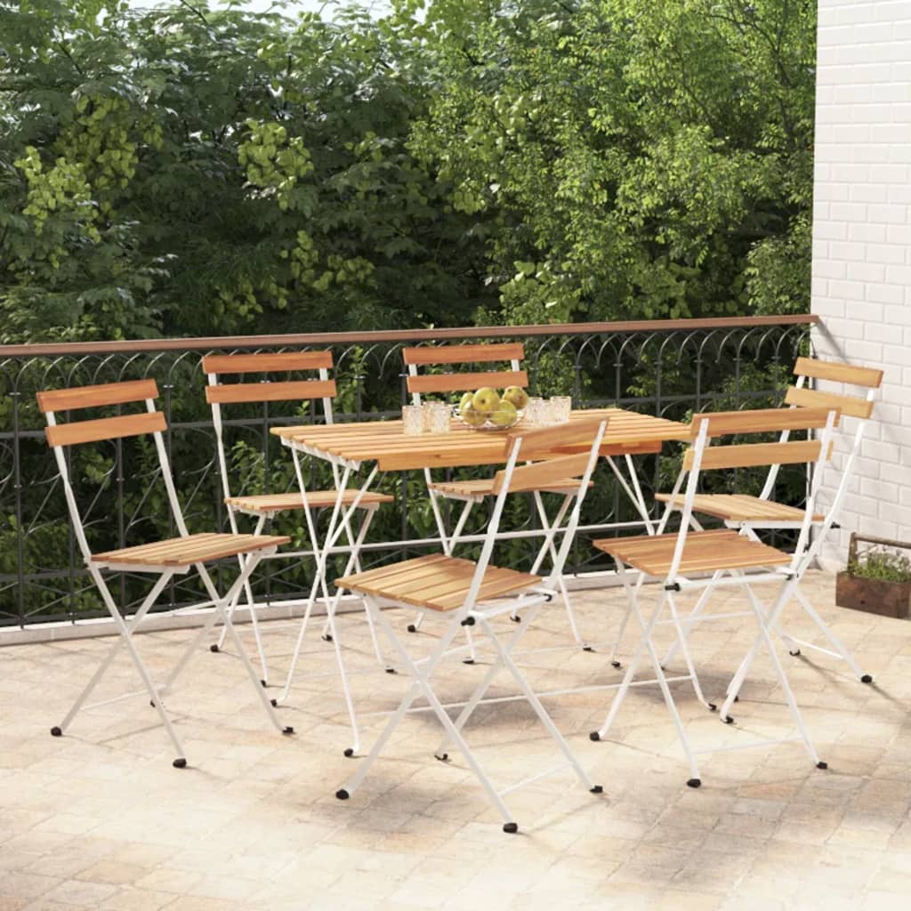 Set Bistrò Pieghevole 7pz In Legno Massello Di Acacia E Acciaio