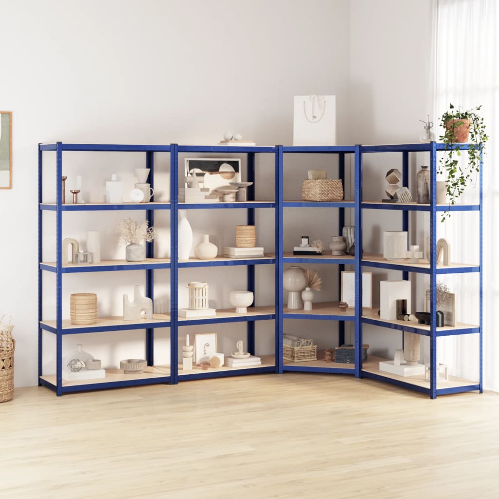 Scaffali A 5 Ripiani 4 Pz Blu In Acciaio E Legno Multistrato