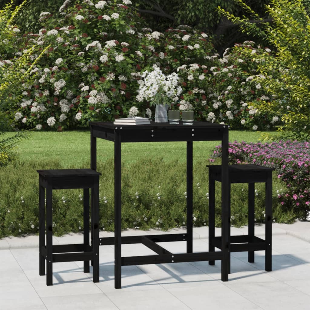 Set Bar Da Giardino 3 Pz Nero In Legno Massello Di Pino