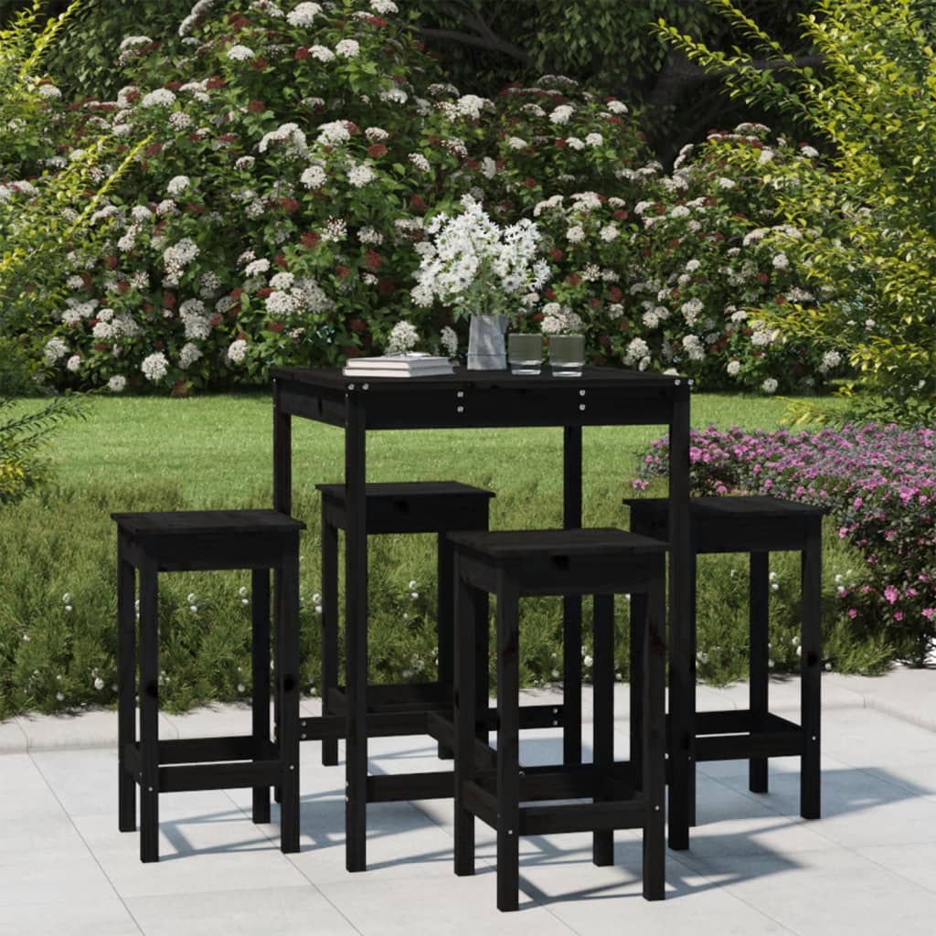 Set Bar Da Giardino 5 Pz Nero In Legno Massello Di Pino
