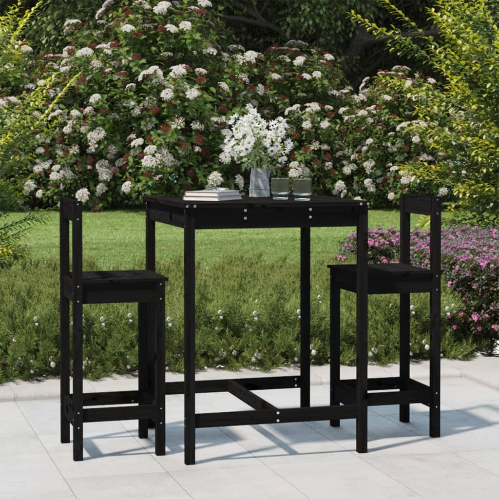 Set Bar Da Giardino 3 Pz Nero In Legno Massello Di Pino