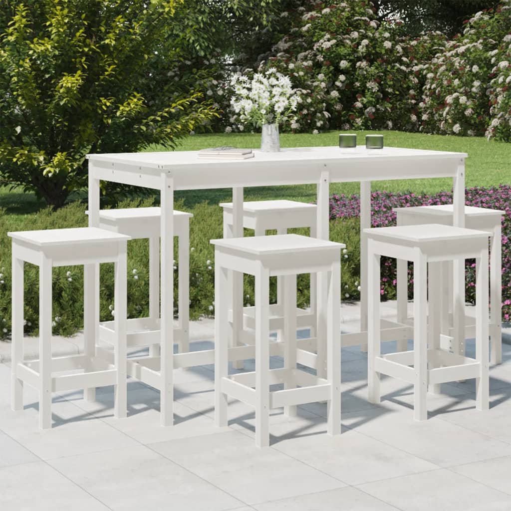 Set Bar Da Giardino 7 Pz Bianco In Legno Massello Di Pino