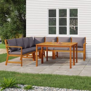 Set Da Pranzo Giardino 7pz Con Cuscini Legno Massello Di Acacia