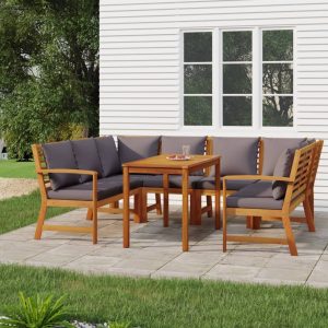 Set Da Pranzo Giardino 7pz Con Cuscini Legno Massello Di Acacia